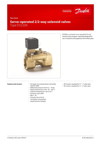 Электромагнитный клапан Danfoss EV220A, каталог